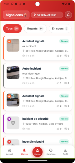 Écran Alertes — Liste des signalements